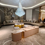 Leopard Jacquard L-Shape Sofa Set with Button Tufting Craftsmanship, Snake-Head Armrests & Braided Stainless Steel Legs